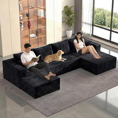 138" Modular Sectional Sofa,U-Shaped Cloud Couch with Deep Seats & Chaise, Upholstered Corduroy Boneless Couch for Living Room, No Need Assembly - Black (Right Facing Chaise)