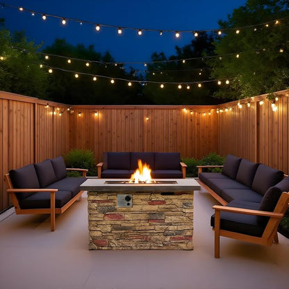 42" Propane Gas Fire Pit Table, 50,000 BTU Rectangular Concrete Outdoor Fire Pit with Lid & Glass Beads for Patio, Deck, Backyard & Garden, Beigie Multi