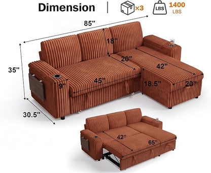 Vipbear 86" Modular Sectional Sleeper Sofa with Pull Out Bed, 3 Seat Plush Corduroy L Shaped Couch with Storage Chaise|USB Ports|Cup Holders|Side Table|Storage Armrests, Tool Free Assembly, Orange