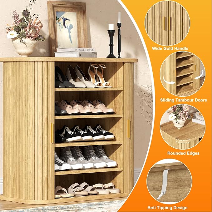 UNIQUITE Shoe Storage Cabinet with Sliding Doors, 5-Tier Wood Shoe Cabinet for Entryway, Adjustable Shelves Freestanding Shoe Organizer with Gold Handle for Hallway, Living Room, Natural