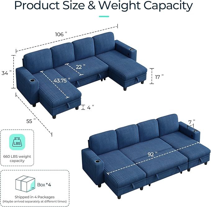 LINSY HOME Sectional Sleeper Sofa Pull Out Couches for Living Room (Blue, Sleeper Sofa 3) | Pull Out Sofa Bed, Storage, USB Charging, Cup Holders, Plush Corduroy