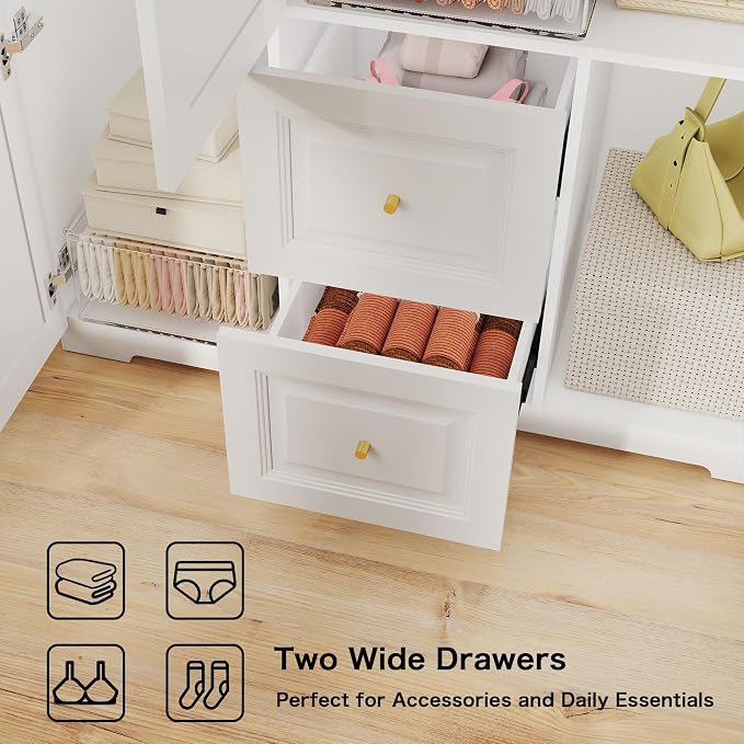 Armoire Wardrobe Closet with Drawers: Large White Wardrobe Closet with 3 Doors and 2 Drawers, Wooden Bedroom Armoires Storage Cabinet with Hanging Rod and Shelves (47")