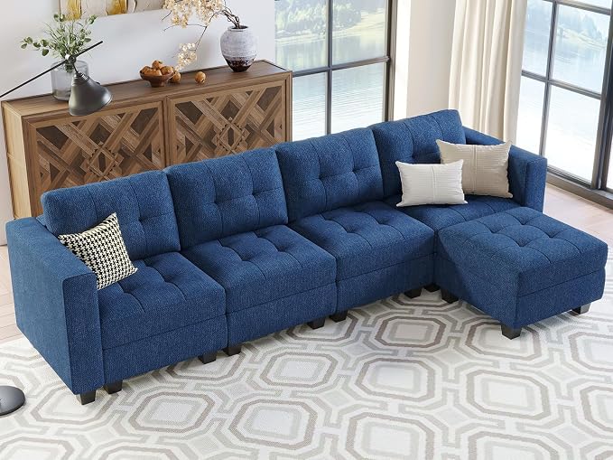Belffin Blue L Shape 5 Seat Sofa with Storage, Reversible Chaise, Modern Sectional Cotton Polyester Wood Sofa