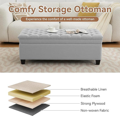 WUTUTUEE 51" Fabric Storage Ottoman Bench, Upholstered Rectangle End of Bed Storage Ottoman Tufted Living Room Bedroom Bench with Safety Hinge, Solid Wood Legs, Loads 500 lb(Light Grey)