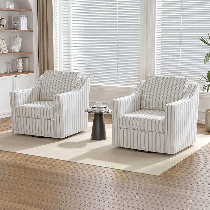 Swivel Accent Chairs Set of 2, 360° Swivel Upholstered Club Armchairs for Living Room, Comfy Reading Chair with Deep Seat, Metal Swivel Base, Pinstripe Light Blue