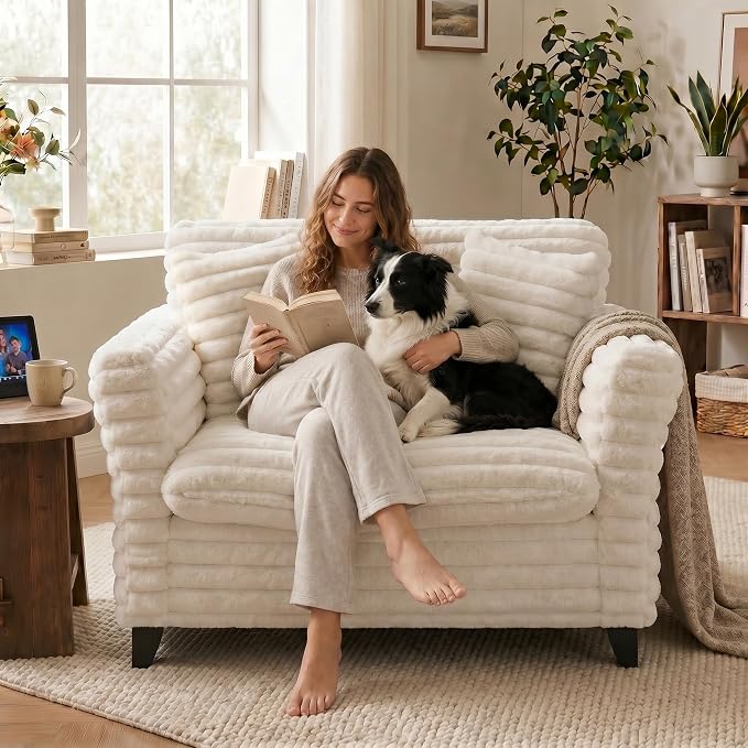 ERYE 46.9" Corduroy Upholstered Accent Chair Wide Seat Armchair for Living Room Bedroom, Modern Cloud Cushion Armchair W/ 2 Pillows and Wooden Legs for Home Apartment Office