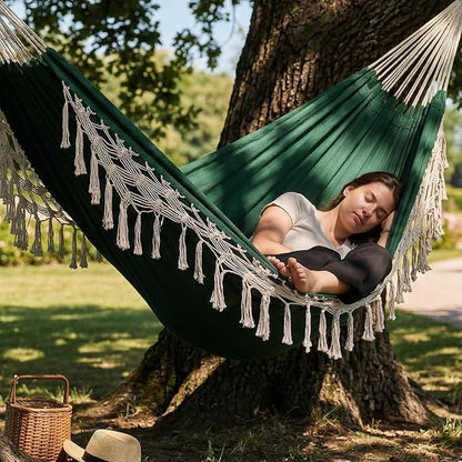 Double Boho Macrame Hammock with Elegant Tassels for Patio, Yard, Beach Wedding Decor, Outdoor and Indoor Up to 450lbs Include Tie Ropes and Drawstring Bag （Green）