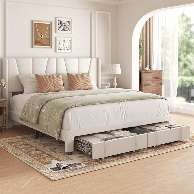 King Bed Frame with Storage Drawers, Velvet Upholstered Platform Bed with 47" Tall Headboard and Wingboard, No Box Spring Needed, No Noise, Easy Assembly, Wooden Support Slats, Beige