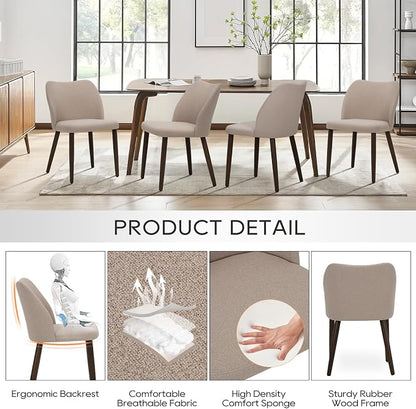 COLAMY Upholstered Dining Chairs Set of 6, Modern Kitchen & Dining Room Chairs with Curved Back, Fabric Padded Seat and Solid Wood Legs, Side Chairs for Restaurant, Cafe & Home, Camel