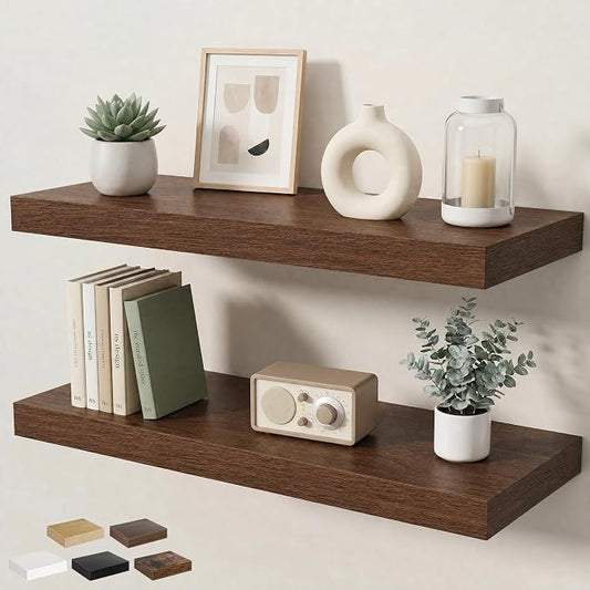 Floating Shelves for Wall 32 in x 9.3 in Deep, Wall Mounted Rustic Wood Shelf with Invisible Brackets for Storage & Display, Living Room Bedroom Bathroom, Walnut, 2 Pack