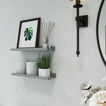Floating Shelves for Wall Decor, Wall Mounted Wood Storage Shelf for Bedroom, Living Room, Bathroom, Kitchen, Nursery, Display Picture Ledge Shelf with Lip Set of 2-16 Inches, Grey