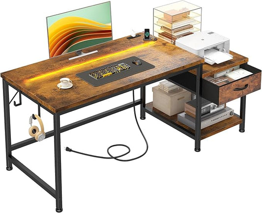 48.1''Gaming Computer Desk with A Reversible Printer Shelf, Built-in Power Outlets & LED Lights, Desk with Drawer and Headphone Hook for Gaming,Craft Working and Studying in Bedroom, Dorm,Rustic Brown