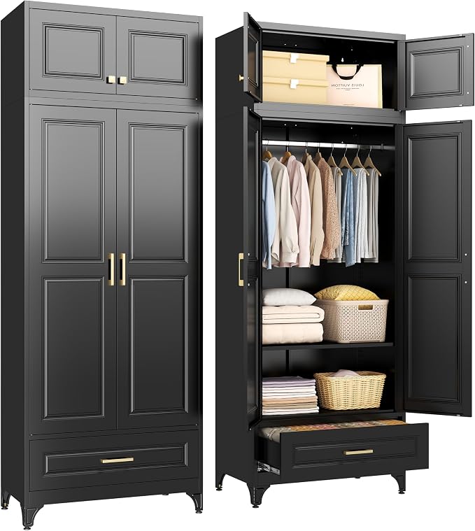 SteeLoong 86" Metal Armoire Wardrobe Closet with Drawers,Tall Clothing Storage Cabinet with Adjustable Shelves and Hanging Rod,Black Wardrobe Closet for Bedroom,Home,Bathroom,Gym