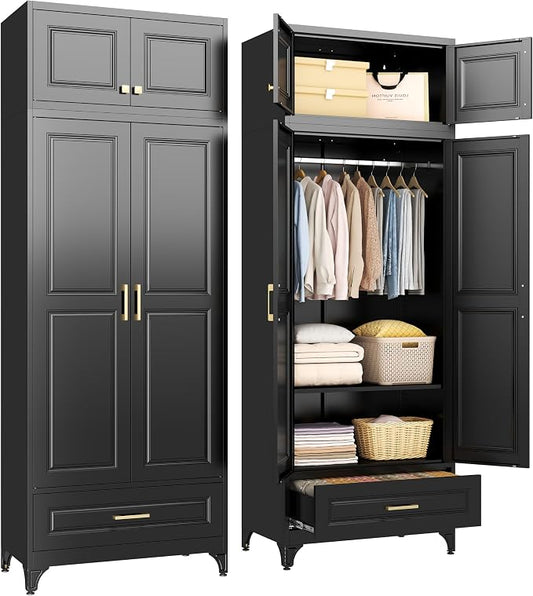 SteeLoong 86" Metal Armoire Wardrobe Closet with Drawers,Tall Clothing Storage Cabinet with Adjustable Shelves and Hanging Rod,Black Wardrobe Closet for Bedroom,Home,Bathroom,Gym