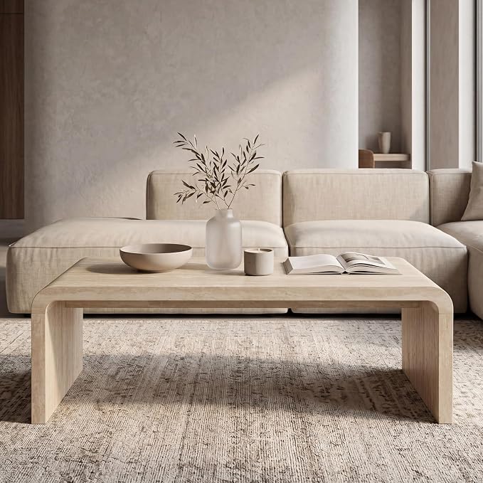 Hyfirm Modern Boho Faux Marble Coffee Table, 47" Travertine Pattern Waterfall Rectangular Center Table in a Scandinavian Style for Living Room with Sturdy Wood Frame, Thick Legs & Easy Assembly