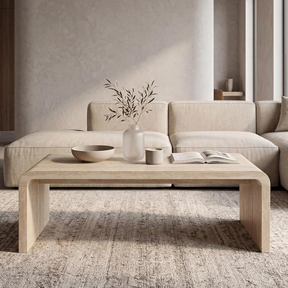 Hyfirm Modern Boho Faux Marble Coffee Table, 47" Travertine Pattern Waterfall Rectangular Center Table in a Scandinavian Style for Living Room with Sturdy Wood Frame, Thick Legs & Easy Assembly