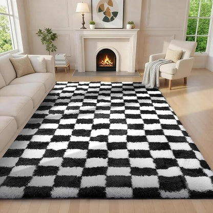 Ophanie Checkered Black & White Rug for Living Room Bedroom,Fluffy Soft Cute Fuzzy Area Rugs,Shag Plush Shaggy Bedside Floor 6x9 Furry Carpet Kids Baby Teen Dorm Decor with Over 99 pcs Pile fibers