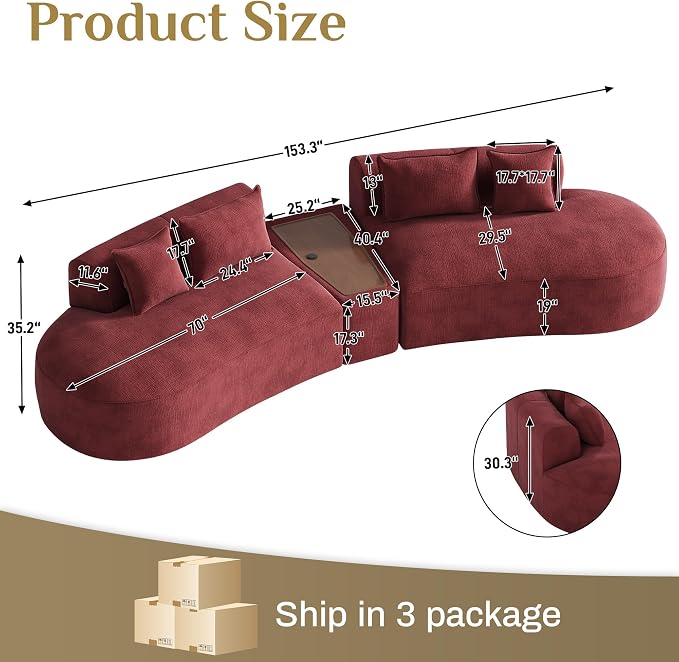 153.3" Oversized Curved Sectional Sofa, Luxury Chenille Cloud Couch for Living Room, Large Modern Modular Deep Seat Sofa with Movable Coffee Table & USB, No Assembly Needed, Red