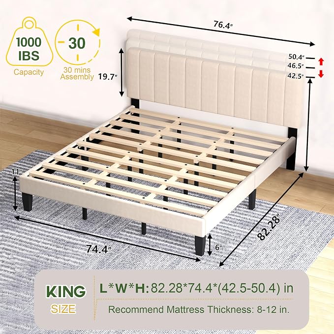 King Size Bed Frame with Headboard, Platform Bed with Soft Velvet Upholstered Headboard | Wooden Slats Support | Adjustable Height | No Box Spring Needed, King Bed Frame Beige