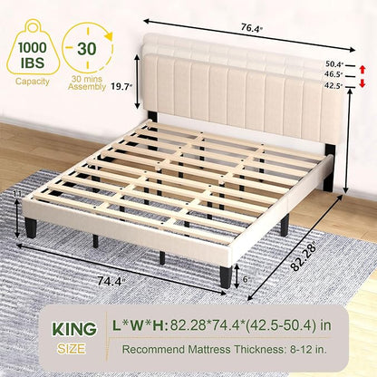King Size Bed Frame with Headboard, Platform Bed with Soft Velvet Upholstered Headboard | Wooden Slats Support | Adjustable Height | No Box Spring Needed, King Bed Frame Beige