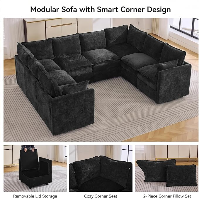 105" Black Oversized Modular Storage Sofa, U Shaped Chenille Cloud Couch | Oversized Convertible Sectional Sofa, 8-Seat Sectional Couch With Armrests, Large Cloud Couch For Living Room, Apartment.