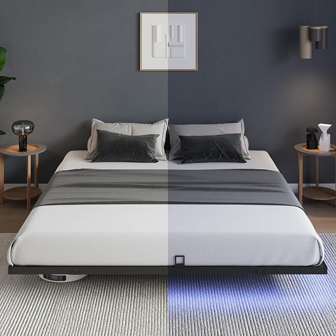 Novilla Floating Bed Frame with LED Lights, Modern Platform King Size Bed Frame with Mattress Slide Stopper, Easy Assembly, No Box Spring Needed, Noise Free