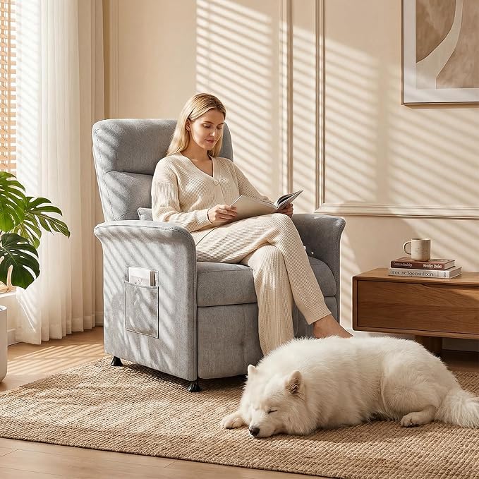 Power Recliner Chair for Adults with Heat & Massage - Soft Fabric Electric Reclining Sofa with Remote Control, 3 Side Pockets, 180° Lay Sleeper for Home Theater Living Room, Light Grey