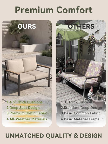 5-Piece Patio Furniture Set with Fire Pit Table & Coffee Table & Removable Washable Cushions, All-Weather Metal Frame and Wood-Like Armrests for Porch, Garden, Balcony,Beige