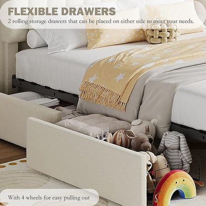 IDEALHOUSE Twin Bed Frame for Kids, Boucle Upholstered Platform Bed for Boys/Girls with 2 Flexible Drawers, Bookcase Headboard, Noise-Free, Easy Assembly, No Box Spring Needed, Beige
