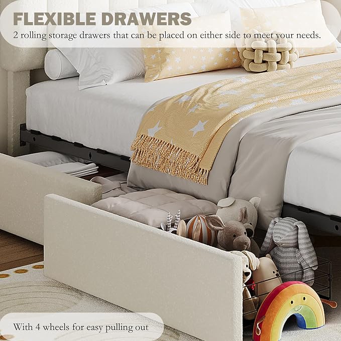 Garvee Full Size Bed Frame with 2 Flexible Drawers, Boucle Upholstered Platform Bed Frame with Bookcase Headboard, Bedframe for Kids/Girls, Easy Assembly, No Box Spring Needed, Noise Free, Beige