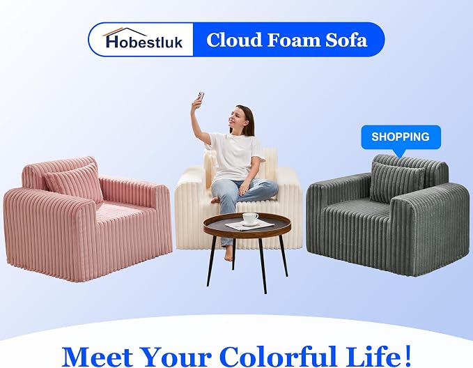 Hobestluk Single Sofa Foam Couch Sofa for Small Spaces Comfy Sofas with Removable Cover Furry Couch with Pillows for Living Room, Bedroom, Apartment, Office (Pink, Standard)