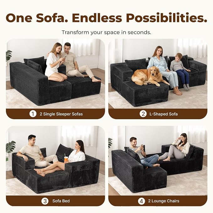 Modular Sectional L-Shaped Sofa with Deep Seat, Modern Boneless Comfy Corduroy Fluffy Couch with Side Pockets and Anti-Slip & Floor-Friendly Bottom for Living Room, No Assembly, Black