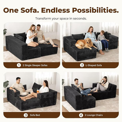 Modular Sectional L-Shaped Sofa with Deep Seat, Modern Boneless Comfy Corduroy Fluffy Couch with Side Pockets and Anti-Slip & Floor-Friendly Bottom for Living Room, No Assembly, Black