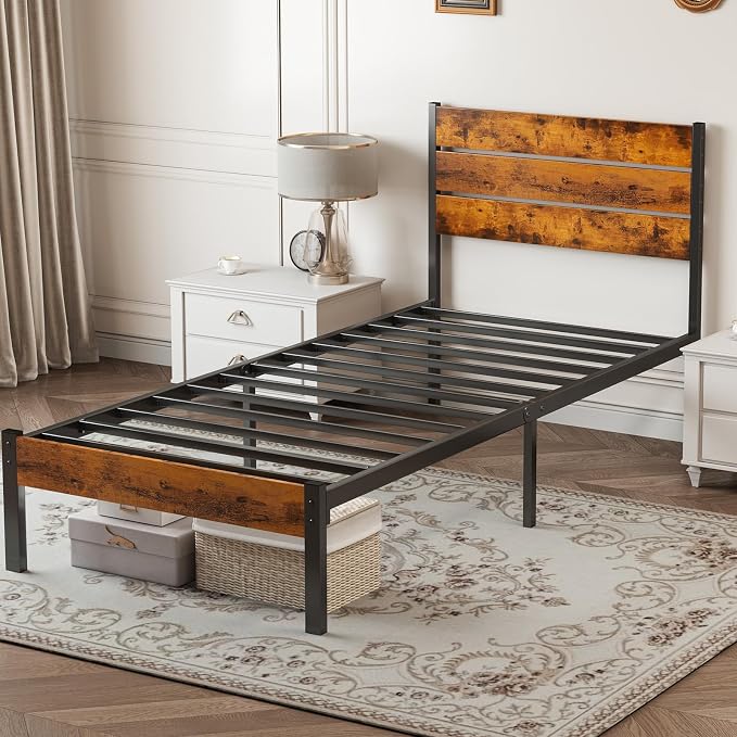 OLIXIS Twin Platform Bed Frame with Wooden Headboard and Footboard, Heavy Duty Metal Slat Mattress Base, 500 LBS Weight Capacity, Sturdy Stable Structure, No Box Spring Needed, Quick Simple Assembly