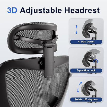 marrap Ergonomic Office Chair, Mesh Desk Chair with 3D Armrests, Adjustable Lumbar Support and Headrest, 90-120° Rocking Function, Black