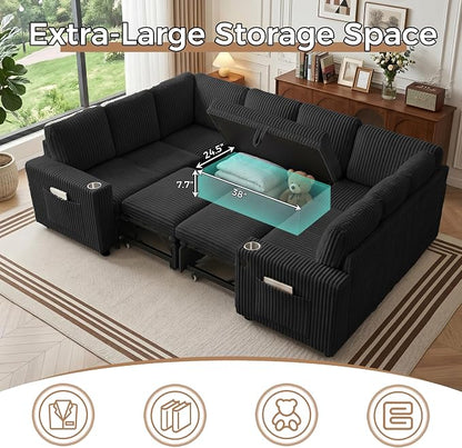 Sectional Sleeper Sofa with Pull Out Bed, 8 Seats U Shaped Modular Sectional Sofa with Storage, USB Ports, Cup Holders, Plush Corduroy Cloud Sectional Couches for Living Room, Black