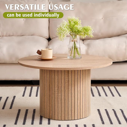 Round Nesting Coffee Table Set of 2, Fluted for Small Spaces | Modern style, suitable for living rooms, roller design, wooden