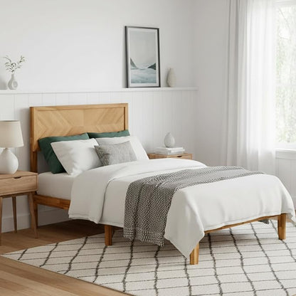 KOMFOTT Twin Size Wood Bed Frame with Headboard, Solid Acacia Wood Platform Bed Frame, Wooden Slats Supported Bed Base with Under-Bed Storage Space, No Box Spring Needed Mattress Foundation