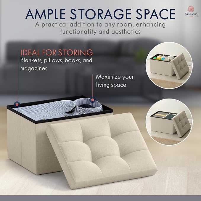 Ornavo Home Small Storage Ottoman Foldable Collapsible Rectangle Linen Ottoman Foot Rest Stool Seat, for Living Room, Bedroom, Home Office, Dorm - 12 x 16 x 12, Beige
