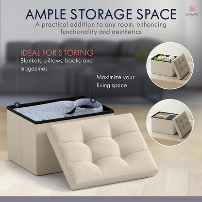 Ornavo Home Small Storage Ottoman Foldable Collapsible Rectangle Linen Ottoman Foot Rest Stool Seat, for Living Room, Bedroom, Home Office, Dorm - 12 x 16 x 12, Beige