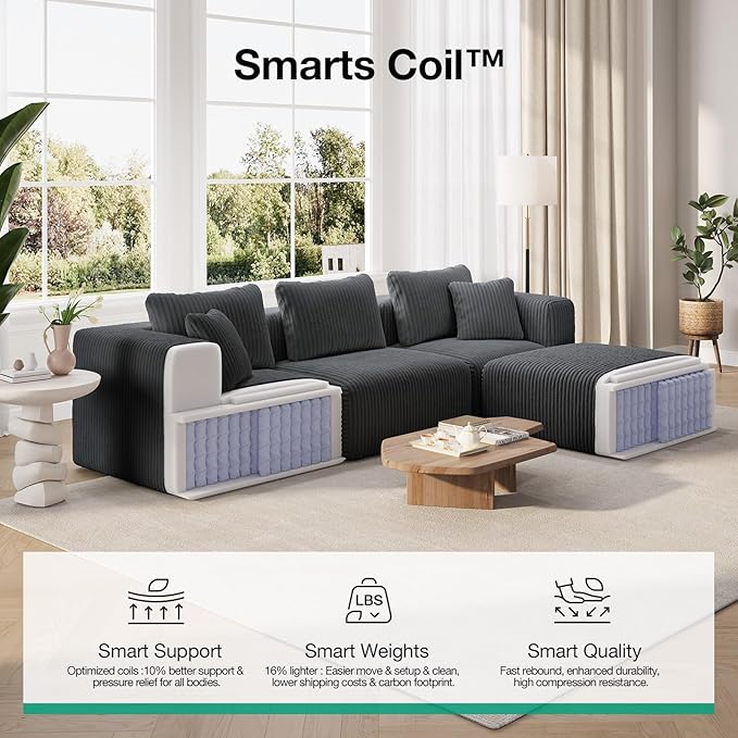 Novilla 141" Modular Sectional Sofa, Modern Cloud Sectional Couch with Smarts Coil® Support, U-Shape Boneless Couch for Living Room Apartments, No Assembly Required, Dark Gray (4 Seat w/ 4 Ottoman)