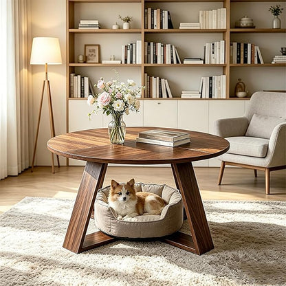 Round Coffee Table, 31.5" Modern Unique Farmhouse Coffee Table for Living Room with Walnut Wood Grain,Small Coffee Table with Open Storage, Circle Center Table with Cross Base,Rustic Brown