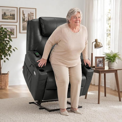 MCombo Power Lift Recliner Chair for Elderly R7042(Grey, Small-Wide) | Heat and Massage, Breathable Faux Leather, USB& Type C Charging Port, FSC Certified