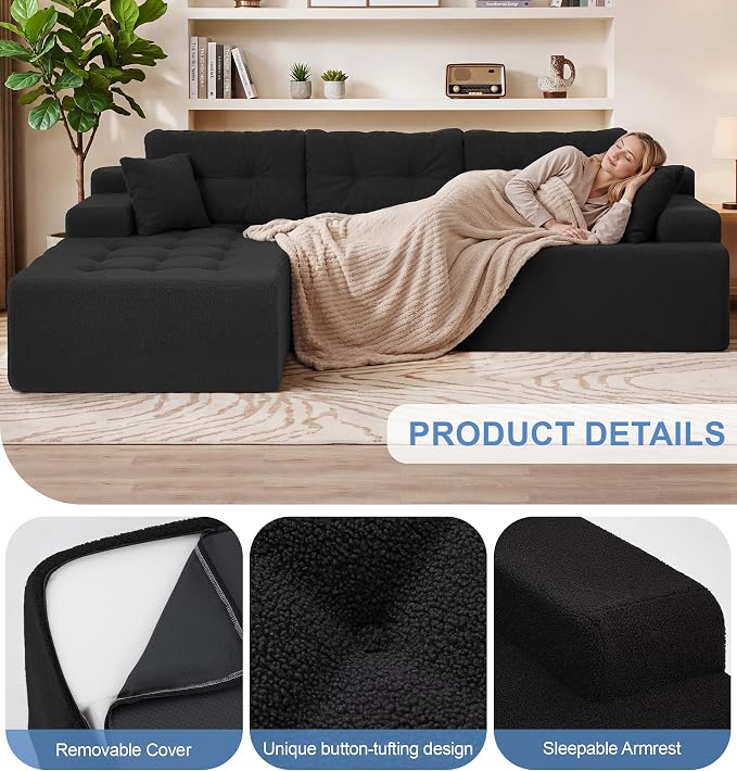 Hobestluk Modular Sectional Sofa Couches L-Shape Couch 3 Seat Modular Sofa Memory Foam Sectional Couches for Living Room, Cloud Couch with Oversized Chaise (Black Tufted, 108", Left Hand Facing)