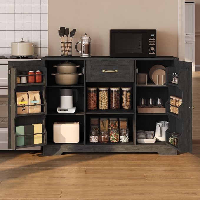 Gizoon 45" Coffee Bar Cabinet with Door and Shelves Kitchen Hutch with Countertop, Kitchen Buffer Cabinet with Storage for Bedroom and Living Room, Black
