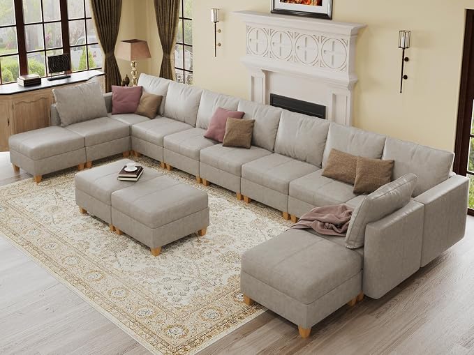 EASE MOOSE Faux Leather Modular Couch Sectional Sofa with Storage Ottomans, Oversized U Shaped Couch, Whitesand
