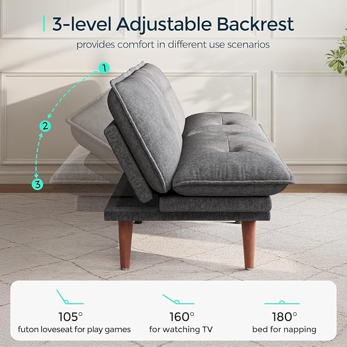 LINSY HOME Futon Sofa Bed, 70" Chenille Futon Couch with Adjustable Backrest Armrest, 3 in 1 Convertible Comfy Loveseat Sleeper Sofa Bed for Small Spaces Dorm Room Apartment Home Office(Dark Grey)