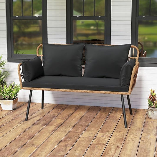 Tangkula Patio Wicker Loveseat, Outdoor 2-Seater PE Rattan Sofa with Pillows, Cushions, Metal Frame & Adjustable Foot Pads, 660 lbs Outside Couch for Porch, Backyard & Poolside (Black, 50.5" L)