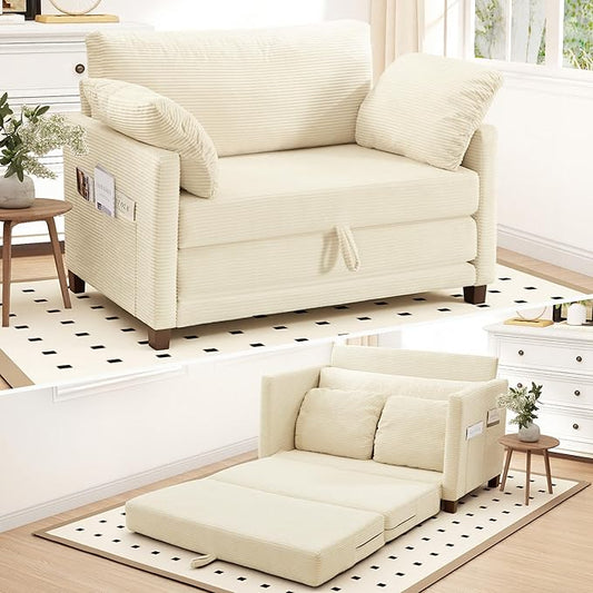 Myroyalsit 51" Convertible Loveseat Sofa Bed, 2-in-1 Folding Sofa Bed with 2 Pillow for Small Spaces, Modern Loveseat Sleeper Couch for Apartment, Living Room & Guest Room (Corduroy Beige, 51 inch)