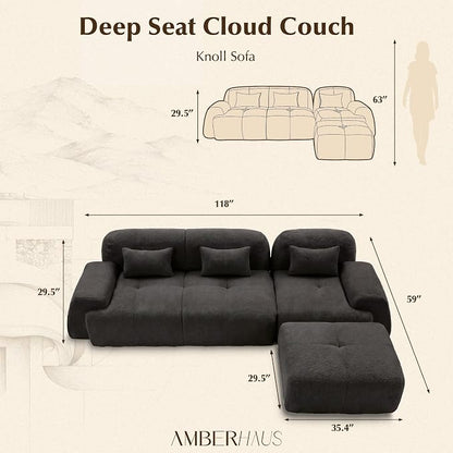 118'' Modular Sectional Cloud Couch Boneless Couches, Oversize Curved Sectional Couches for Living Room, Deep Seat Couch Lambswool Sofa with Ottoman & Throw Pillows, No Assembly, HR Foam